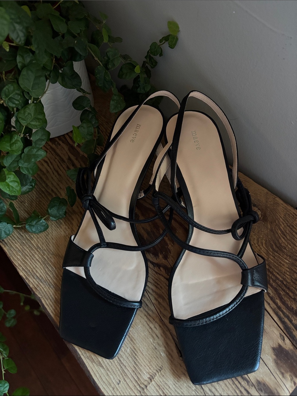Black Strappy Square-Toe Slingback Sandals